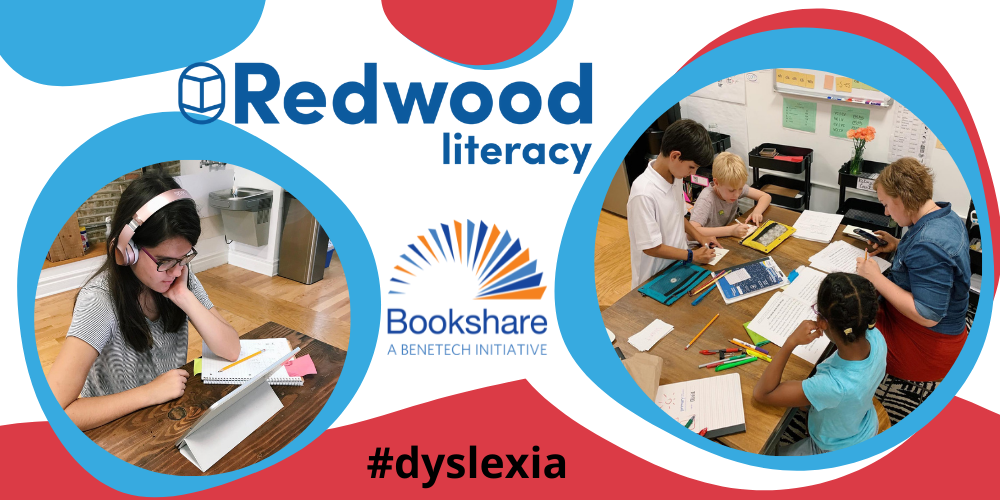 The Redwood Literacy and Bookshare logos appears between two photos of students using computers in a classroom