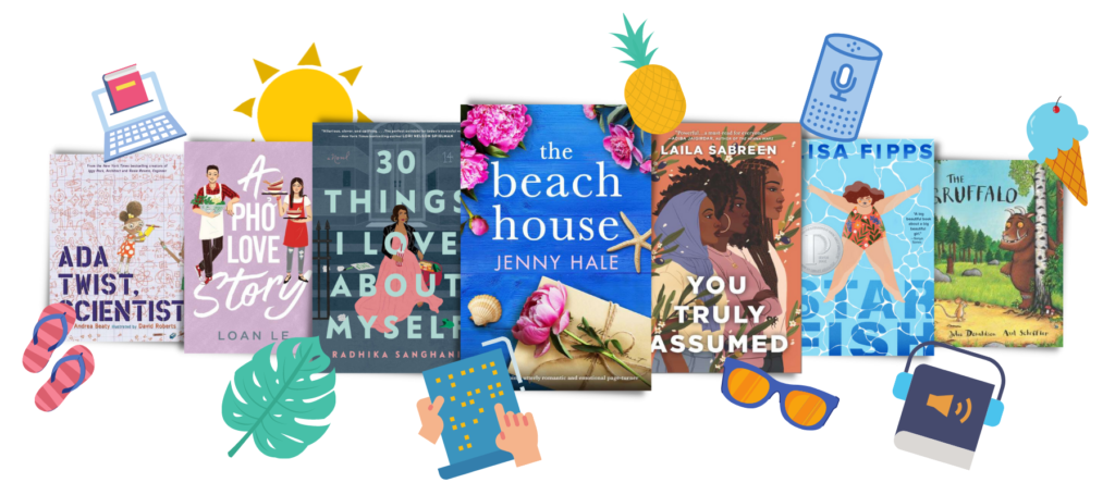 A collage of seven book covers and assorted summer-themed icons 