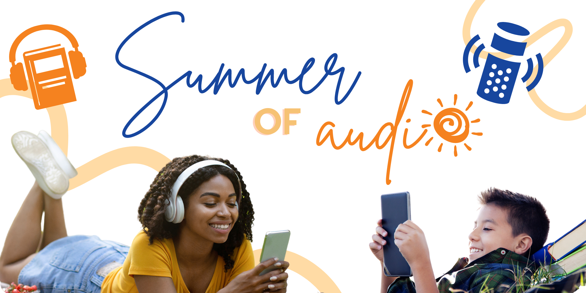 A Black girl and a white boy are reading ebooks under text that says: Summer of Audio