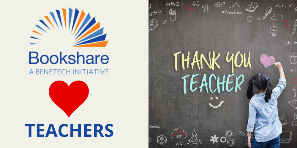 The Bookshare logo appears above a red heart and teachers next to a girl writing "thank you teachers" on a blackboard