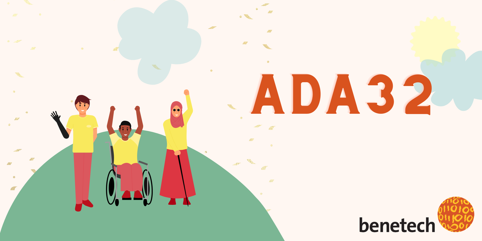 Three figures appear to the left of ADA32: one man has a prosthetic arm, another man is in a wheelchair, and a woman is blind and holds a cane