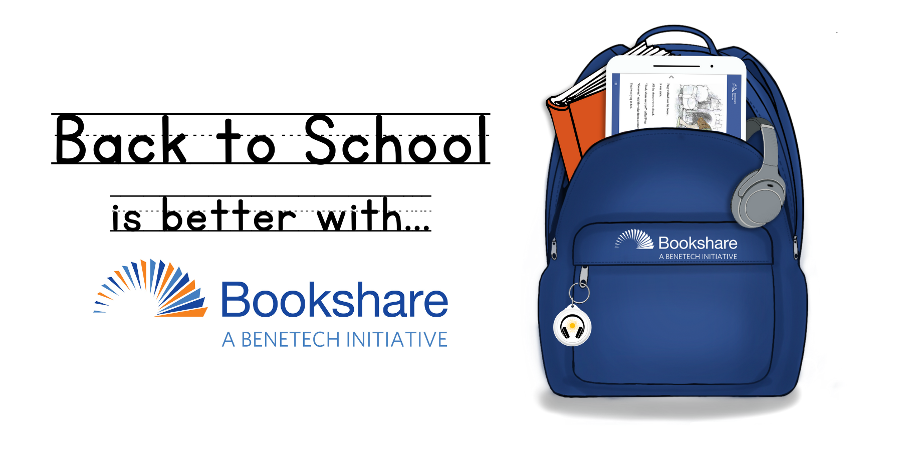 Back to school is better with Bookshare. A blue backpack with a tablet sticking out appears on the right.