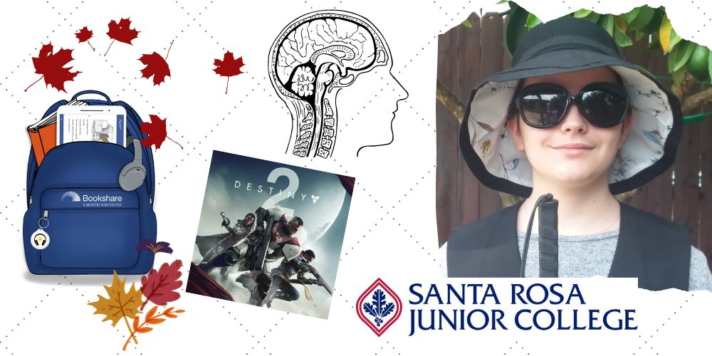 Raven Riley wears glasses and a hat and holds a cane. A backpack, Santa Rosa Junior College logo, a picture of a brain, and the Destiny 2 game appear on the left.