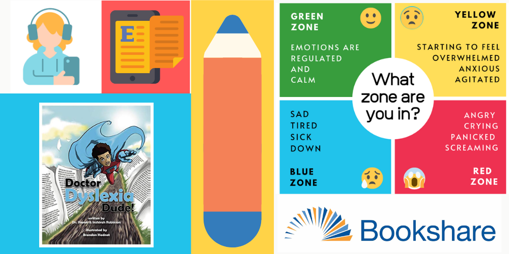 A collage contains a girl listening to a book on a phone, a pencil, an emotional zone chart, Bookshare logo, and Dr. Dyslexia Dude book cover