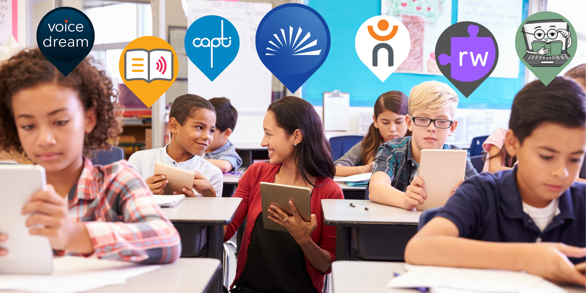 Teacher working with students at their desks with tablets. Collage of Assistive Technology logos like Bookshare Reader, Dolphin EasyReader, Voice Dream Reader, and more.