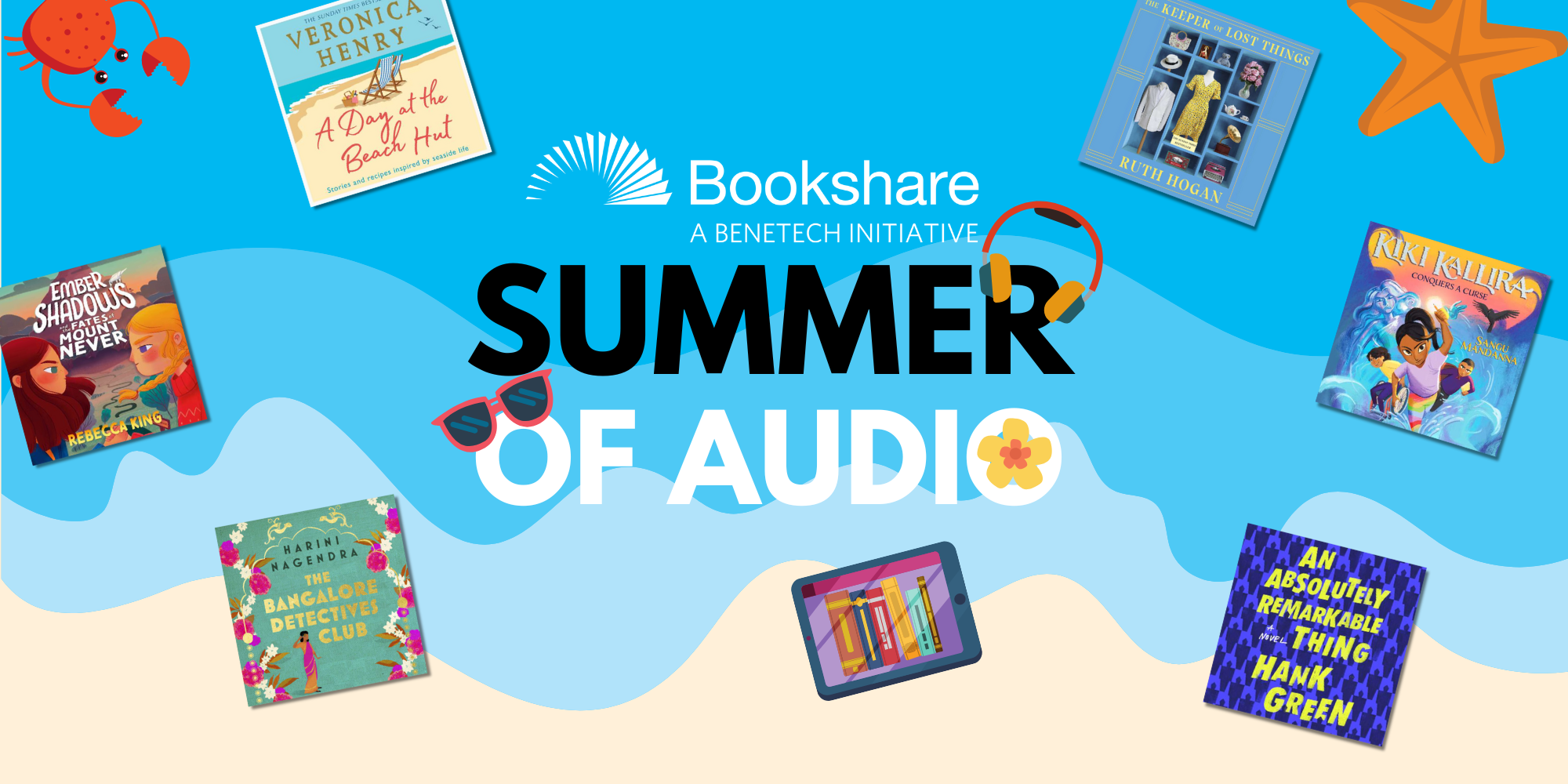 Summer of Audio and Bookshare logo. Collage of audiobook covers on the beach.